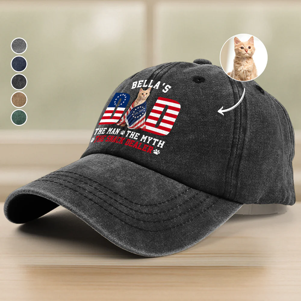 Custom Photo Dog - Dog's Dad The Man The Myth The Dealer American Flag Washed Denim Baseball Cap HO82 901264 - Image 2