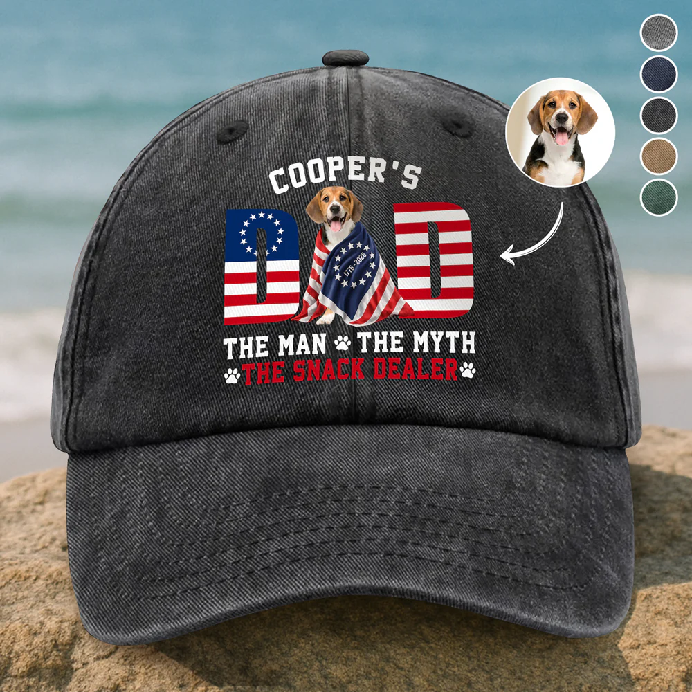 Custom Photo Dog - Dog's Dad The Man The Myth The Dealer American Flag Washed Denim Baseball Cap HO82 901264 - Image 3