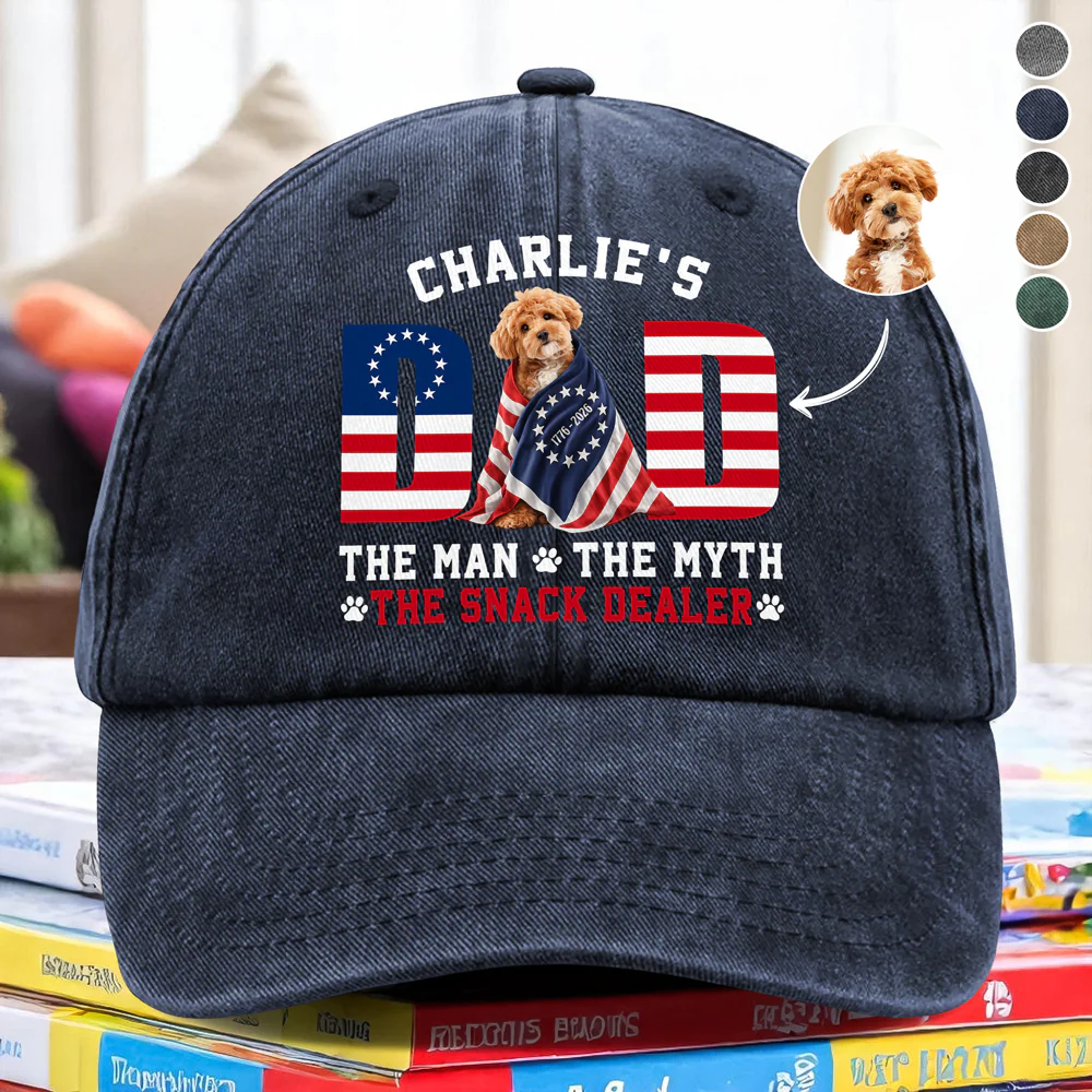 Custom Photo Dog - Dog's Dad The Man The Myth The Dealer American Flag Washed Denim Baseball Cap HO82 901264 - Image 4