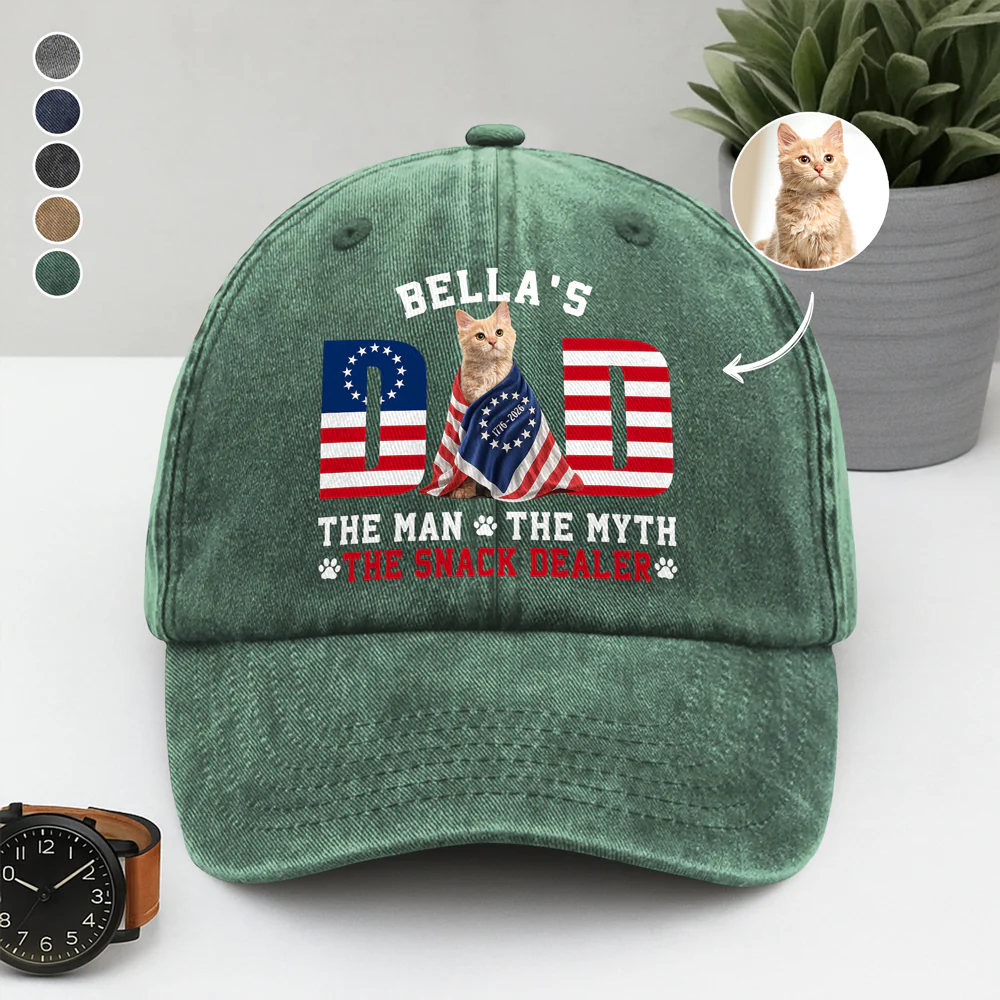 Custom Photo Dog - Dog's Dad The Man The Myth The Dealer American Flag Washed Denim Baseball Cap HO82 901264 - Image 5