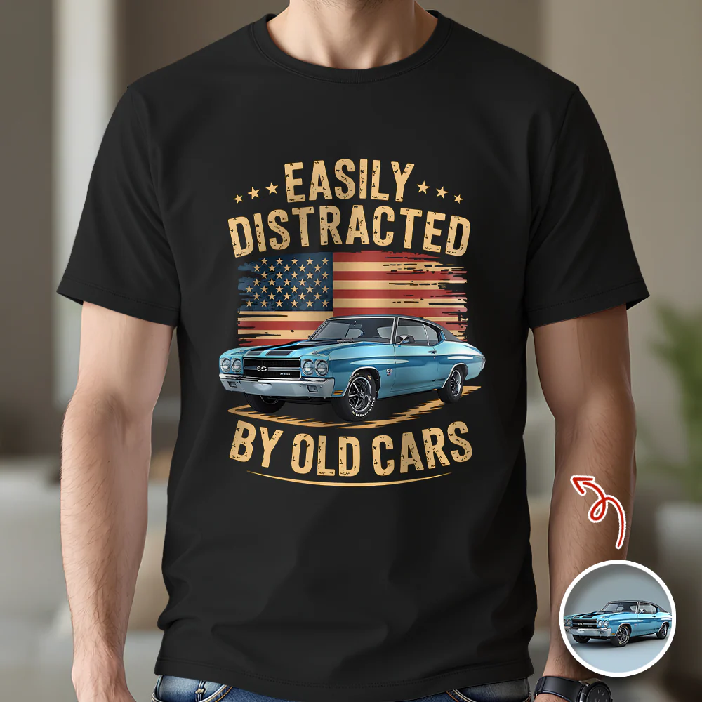 Custom Photo Easily Distracted by Old Cars Classic Car Guy Funny Vintage Dark Shirt CH07 180032 - Image 3