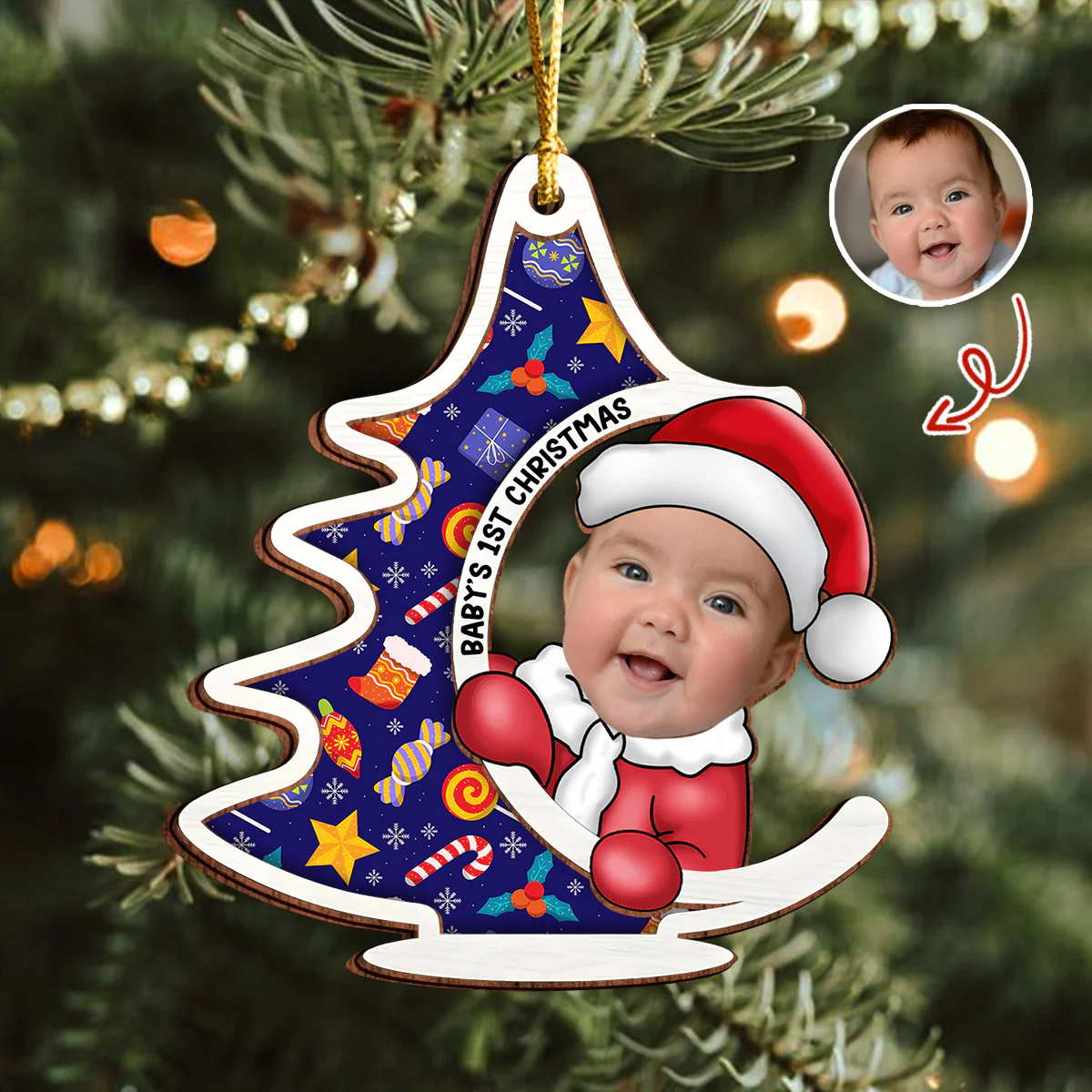 Custom Photo First Christmas Tree Baby Santa - Personalized 2 Layered Wood Ornament CH07 899132 - Image 5