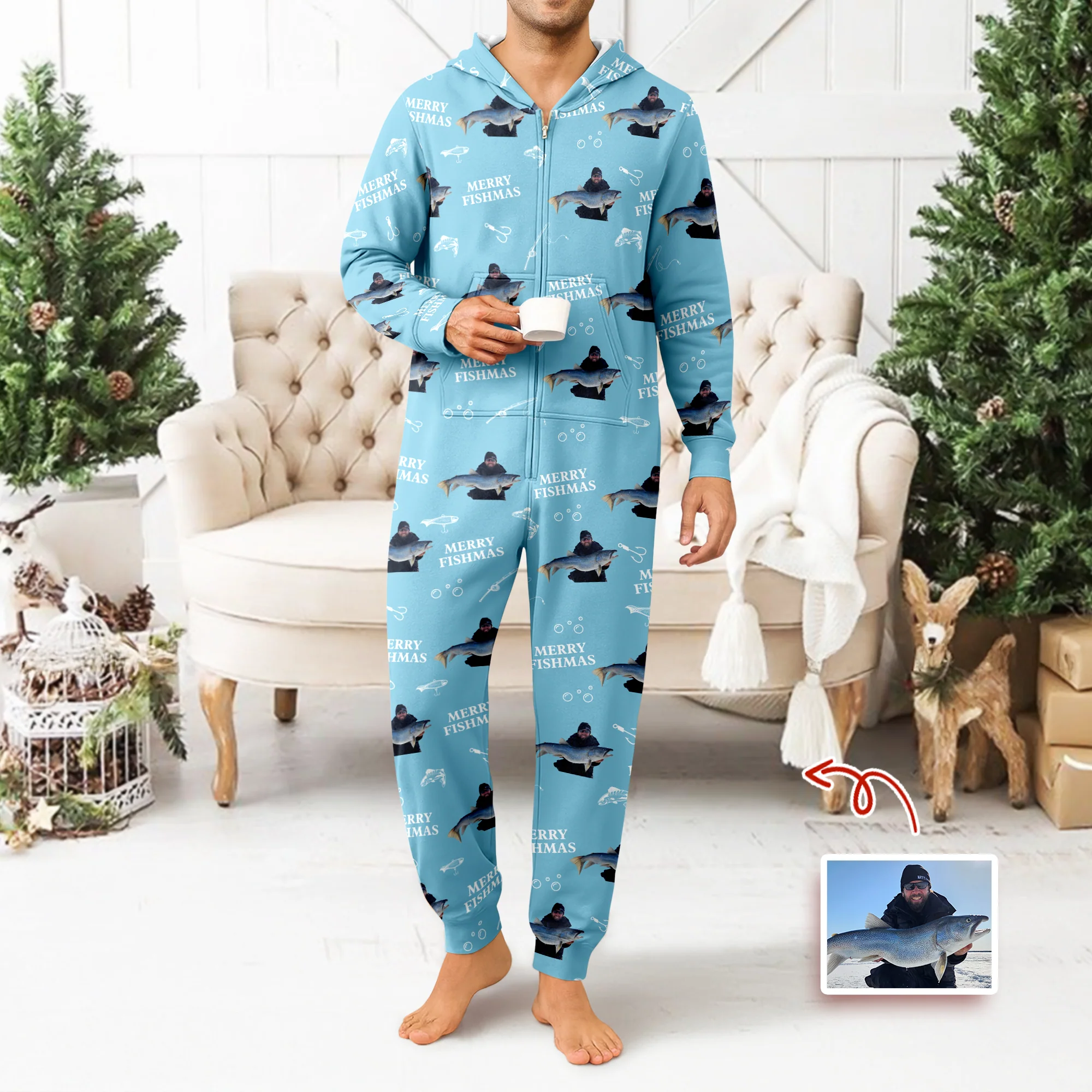Custom Photo Merry Fishmas Onesie Pajamas Christmas Gift For Fishing Lovers, Fisherman HA75 898254 - Image 2