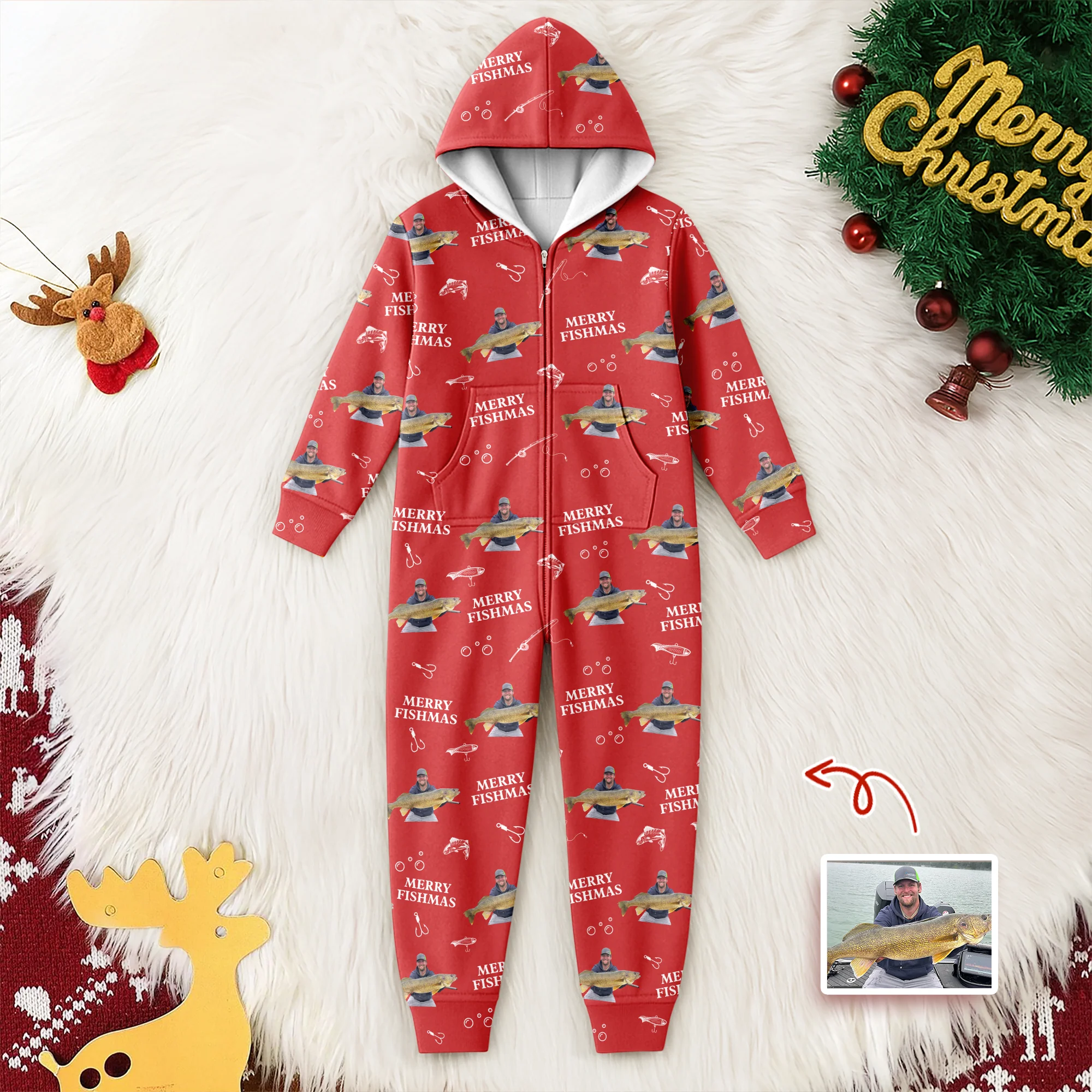 Custom Photo Merry Fishmas Onesie Pajamas Christmas Gift For Fishing Lovers, Fisherman HA75 898254 - Image 3