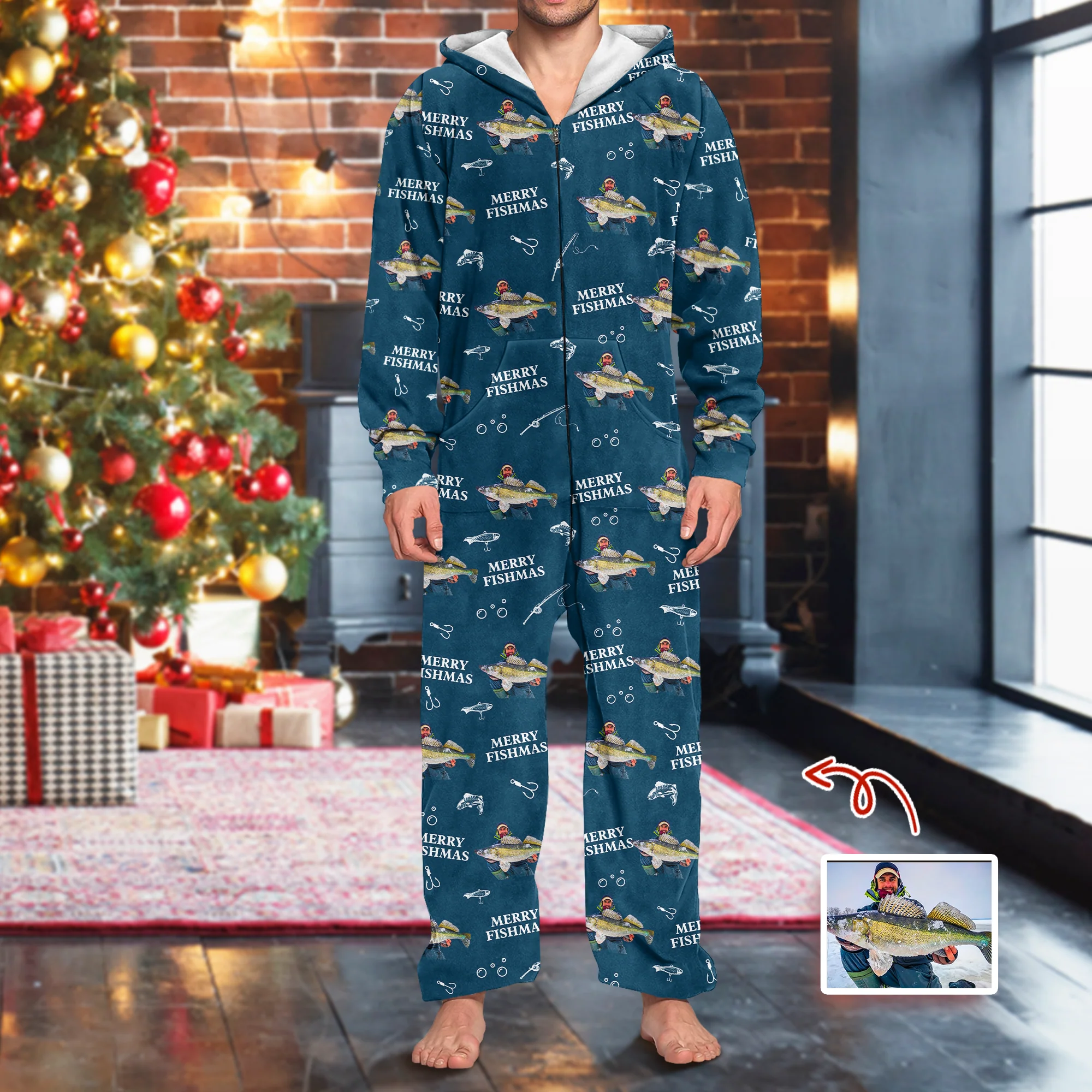 Custom Photo Merry Fishmas Onesie Pajamas Christmas Gift For Fishing Lovers, Fisherman HA75 898254 - Image 4