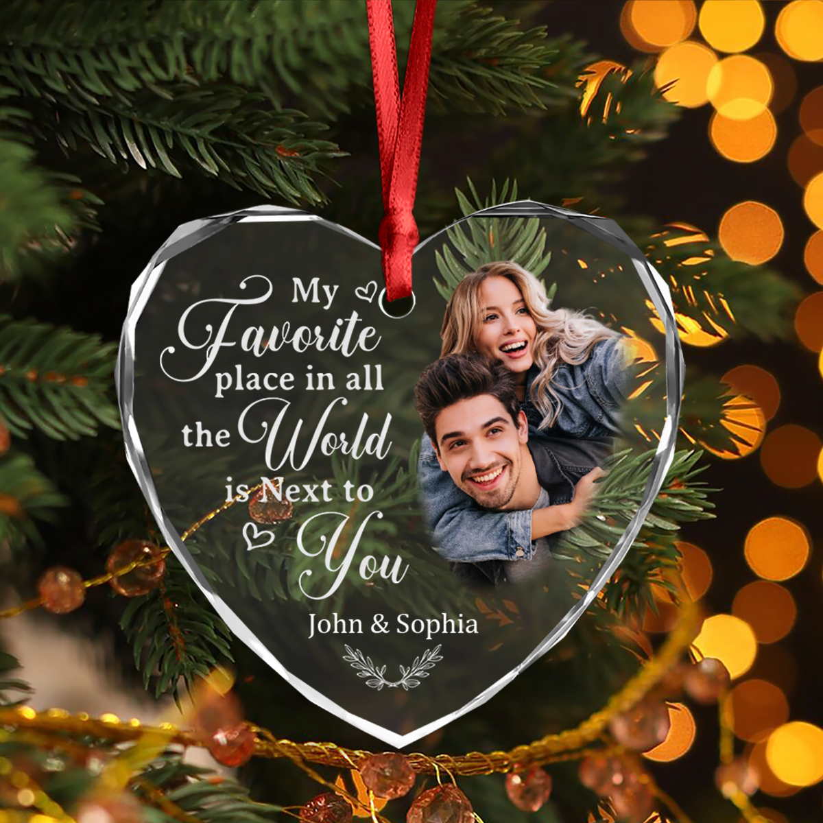 Custom Photo My Favorite Place In All The World Is Next To You Couple Heart Shape Glass Ornament HA75 892838 - Image 2