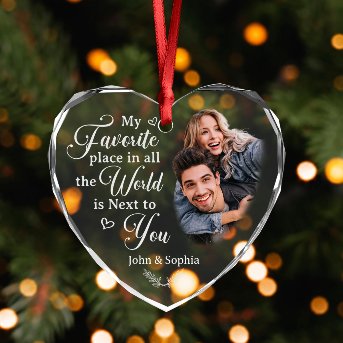 Custom Photo My Favorite Place In All The World Is Next To You Couple Heart Shape Glass Ornament HA75 892838 - Image 3
