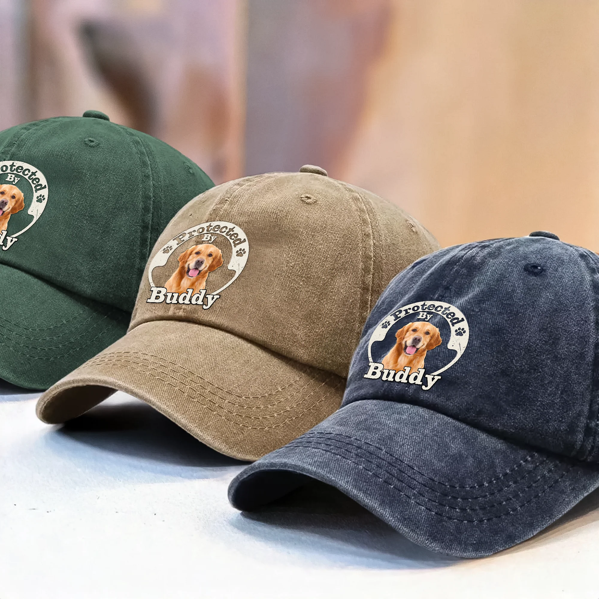 Custom Photo Protected By Human Dog Washed Denim Baseball Cap HO82 894142 - Image 5