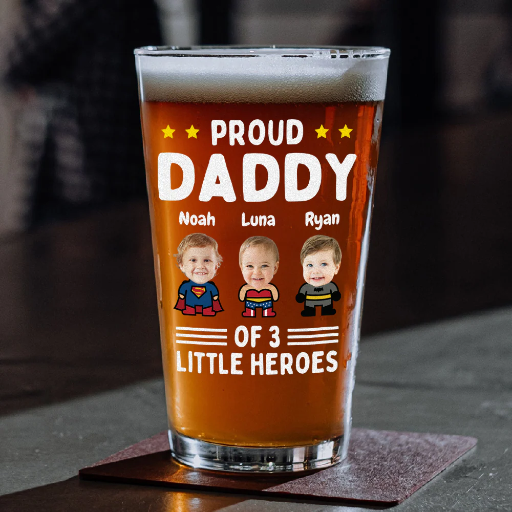 Custom Photo Proud Daddy of Little Heroes - Father's Day Personalized Gifts Custom Beer Glass for Dad, Superhero Lovers HO82 894058