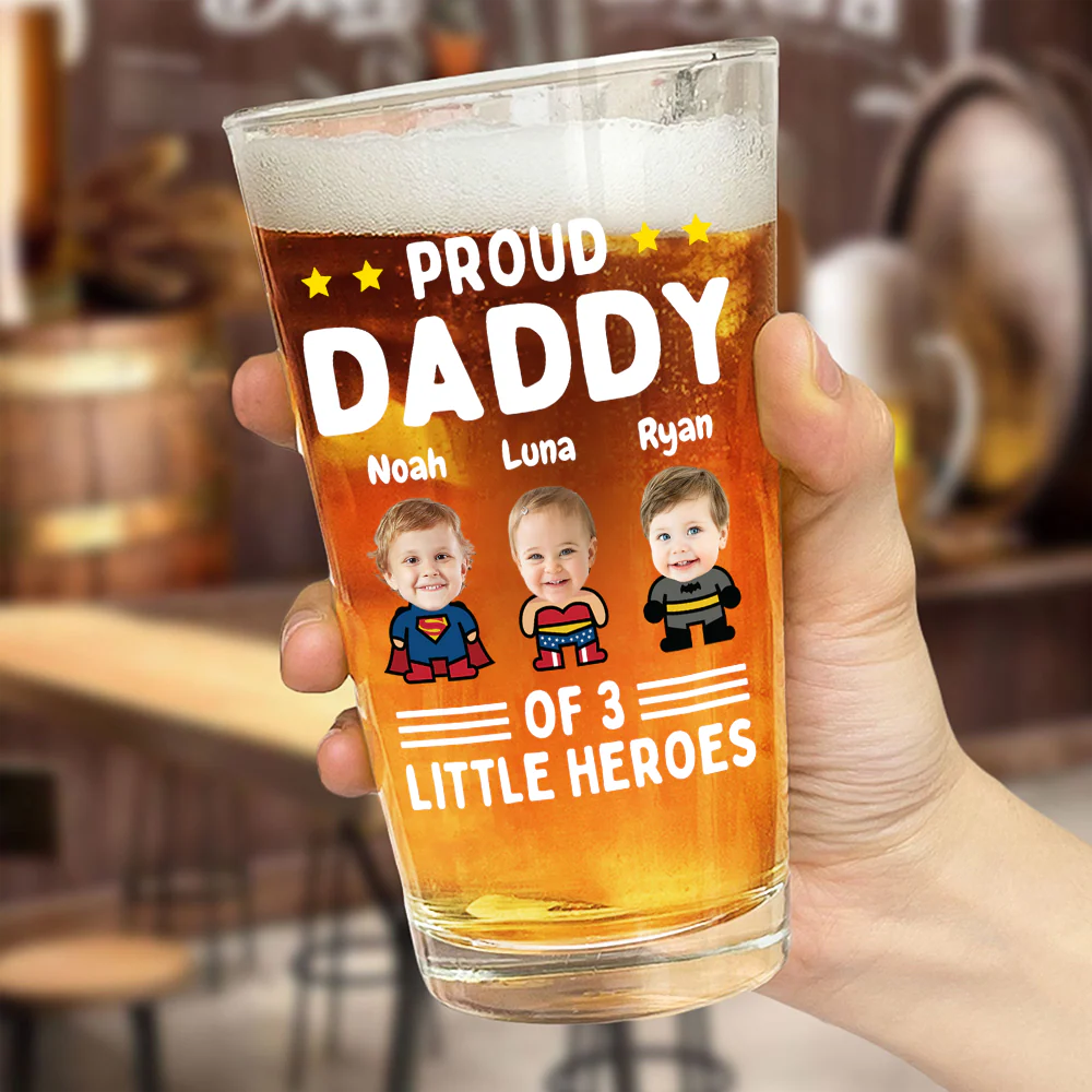 Custom Photo Proud Daddy of Little Heroes - Father's Day Personalized Gifts Custom Beer Glass for Dad, Superhero Lovers HO82 894058 - Image 2