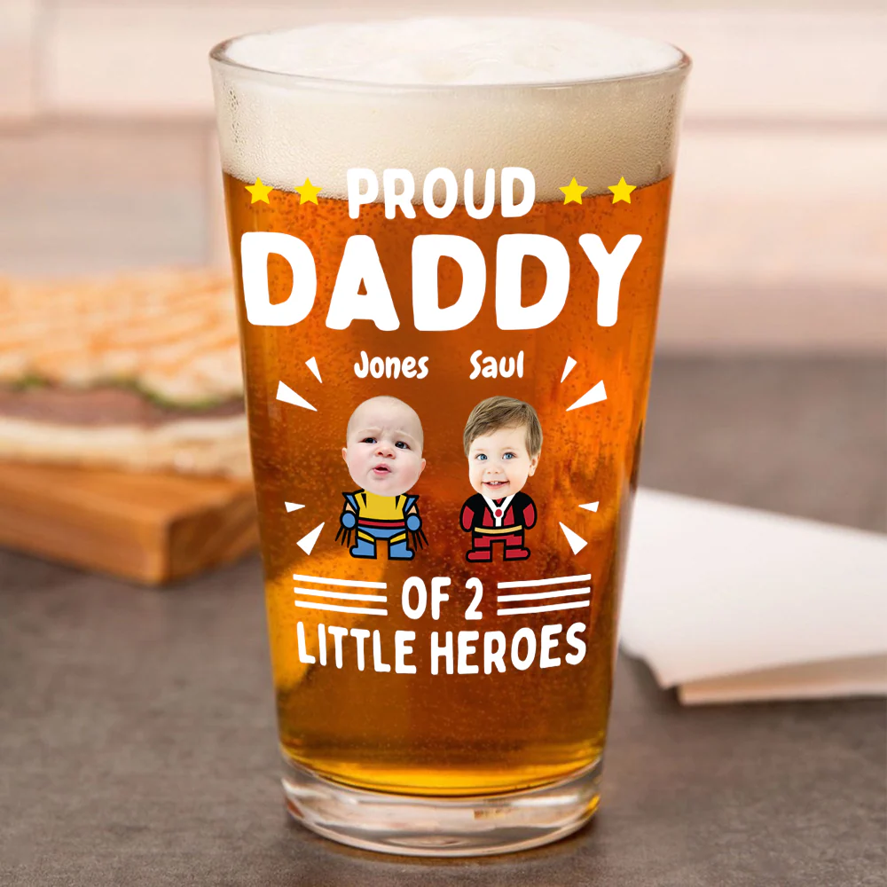 Custom Photo Proud Daddy of Little Heroes - Father's Day Personalized Gifts Custom Beer Glass for Dad, Superhero Lovers HO82 894058 - Image 3