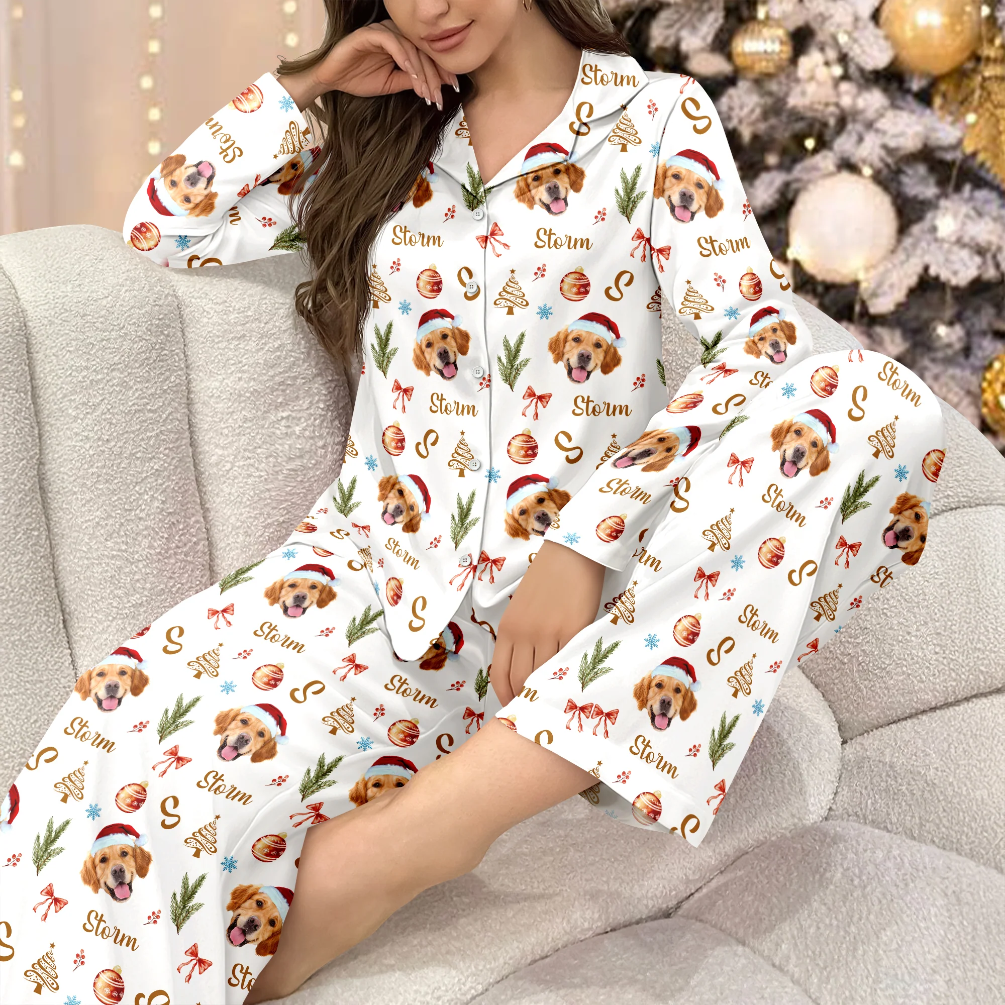 Custom Photo Santa Claus Pine Tree Snowflakes Long Pajamas LM32 895635 - Image 5
