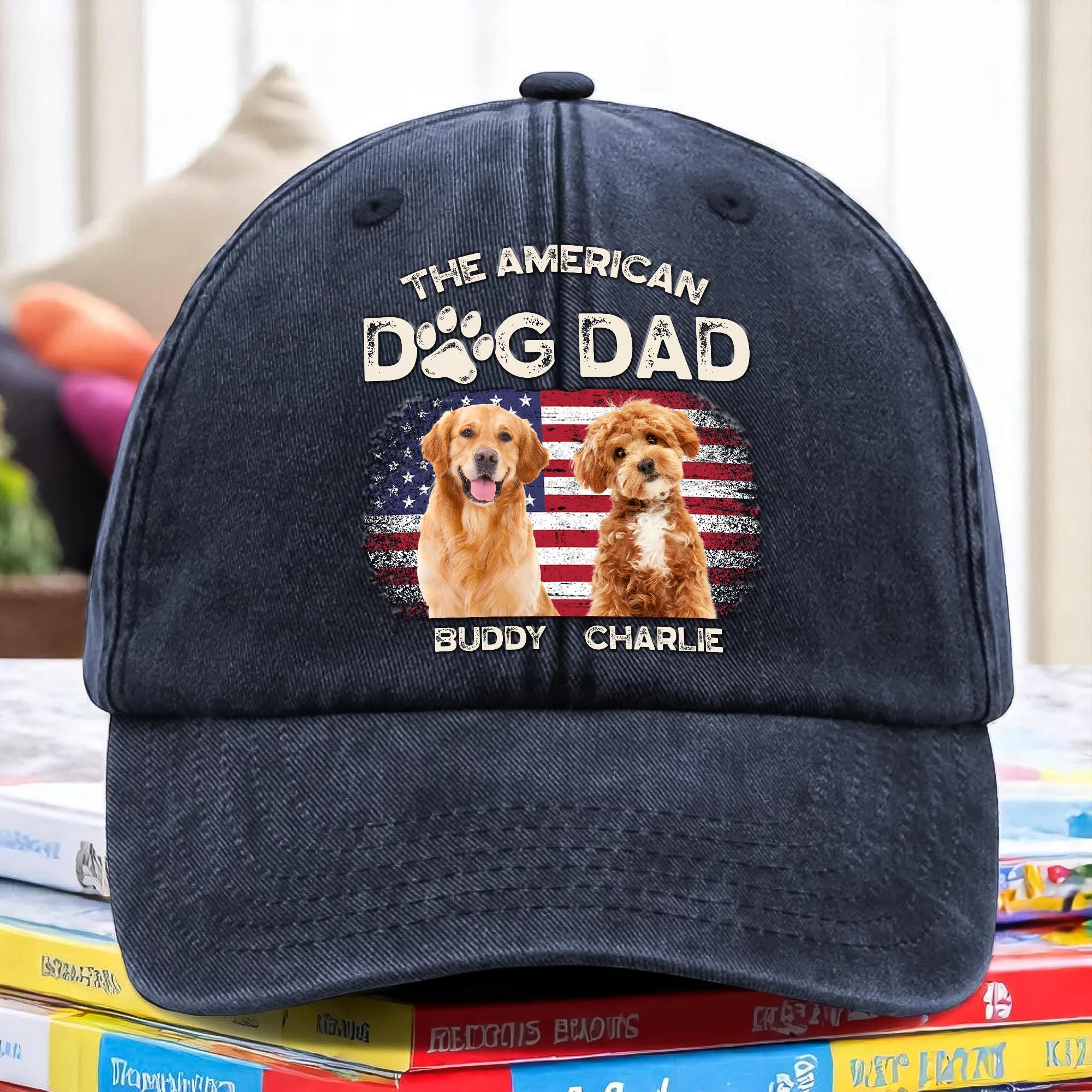 Custom Photo The American Dog Dad Dog Mom Washed Denim Baseball Cap TH10 894115 - Image 2