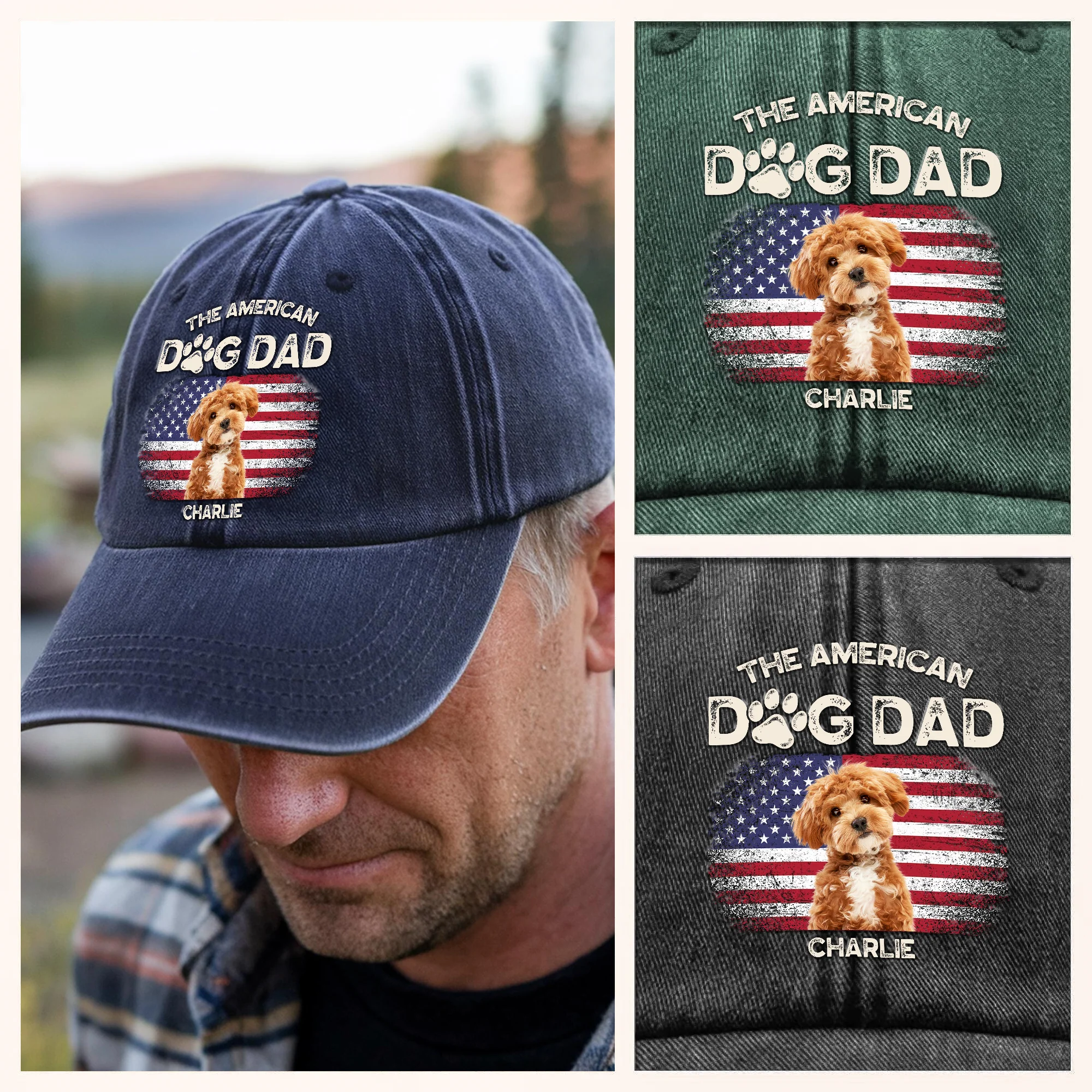 Custom Photo The American Dog Dad Dog Mom Washed Denim Baseball Cap TH10 894115 - Image 4