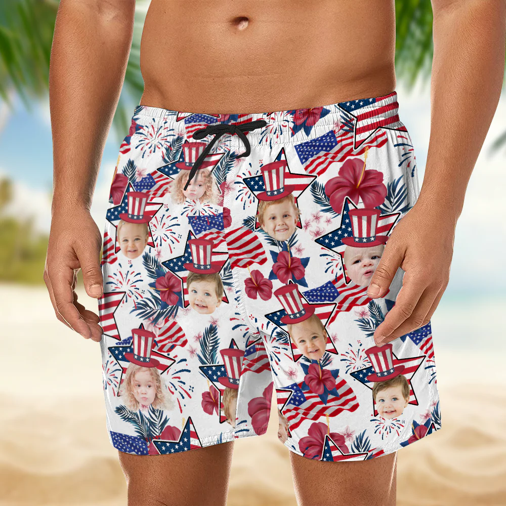 Custom Photo US Flag With Hawaii Pattern Man Beach Shorts, Father's Day Gift, For Dad HO82 894054 - Image 4