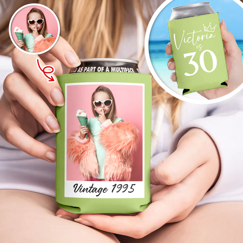 Custom Photo Vintage Year Birthday Can Cooler Holder LM32 899931