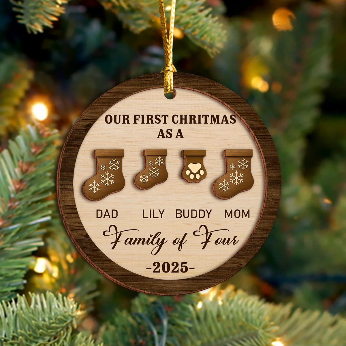 First Christmas As A Family Christmas Stockings - Personalized 2-Layered Wooden Ornament CH07 899338 - Image 2