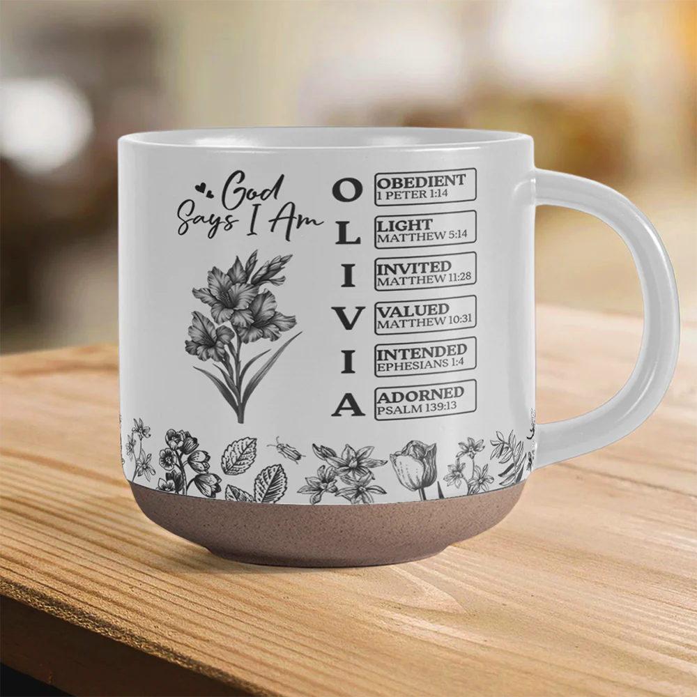 God Says I Am Name Letter In Bible Birth Flower Toile De Jouy Style - Personalized Pottery Mug HO82 894590 - Image 4