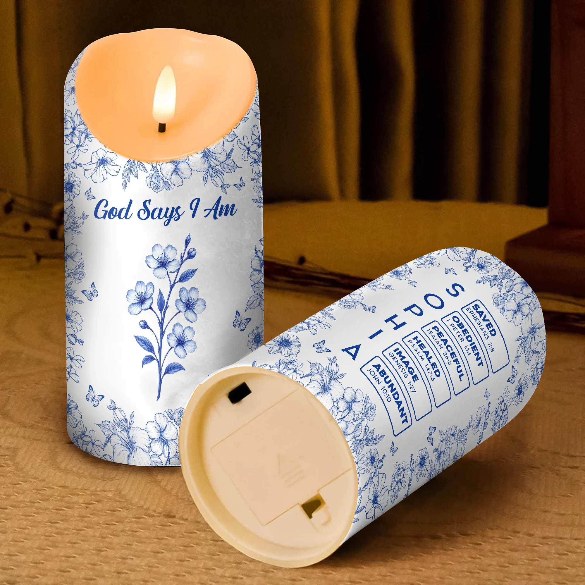 God Says I Am Name Letter In Bible Toile De Jouy Style - Personalized Led Candle CH07 896958 - Image 4