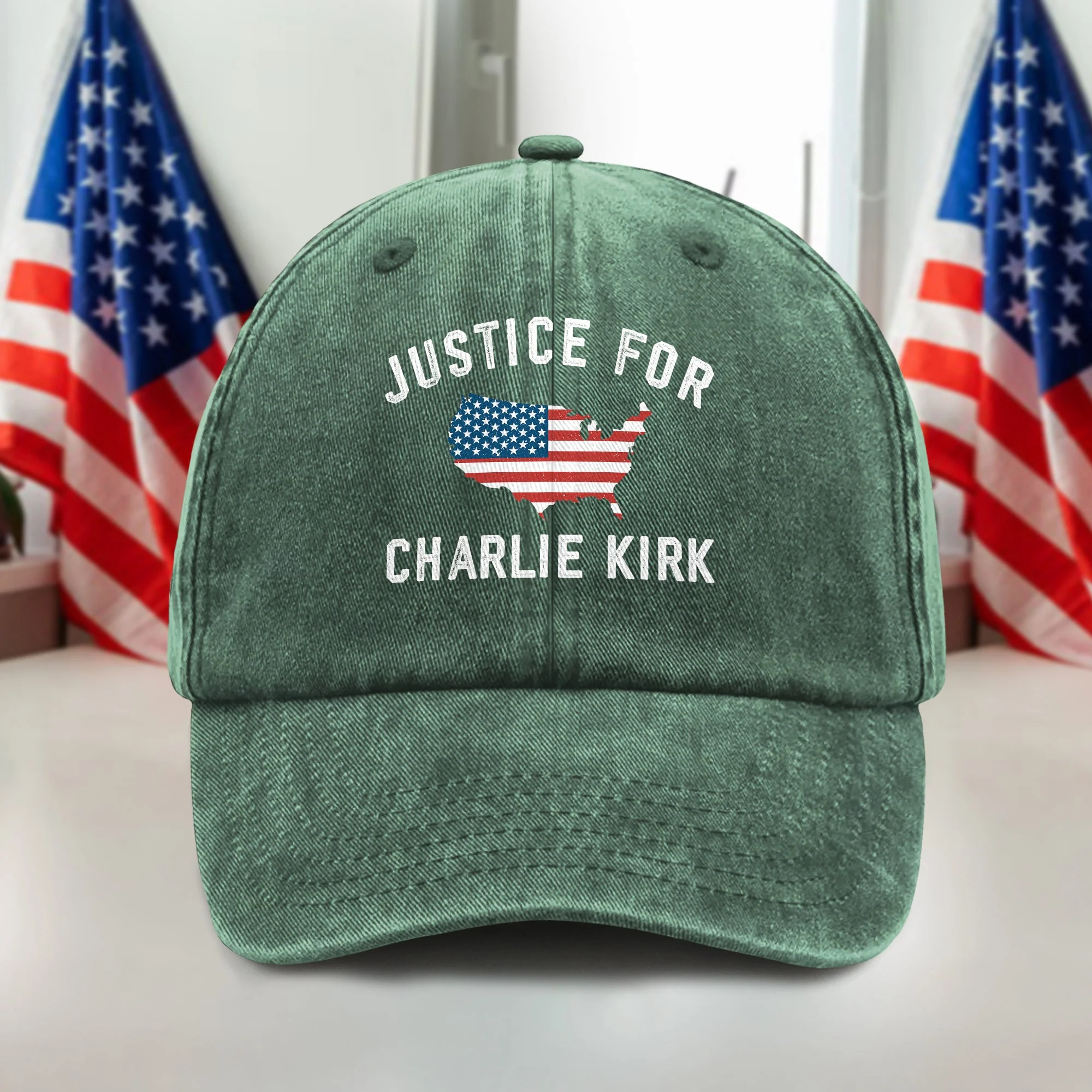 Justice For Charlie Kirk Washed Denim Baseball Cap LM32 65465 - Image 8