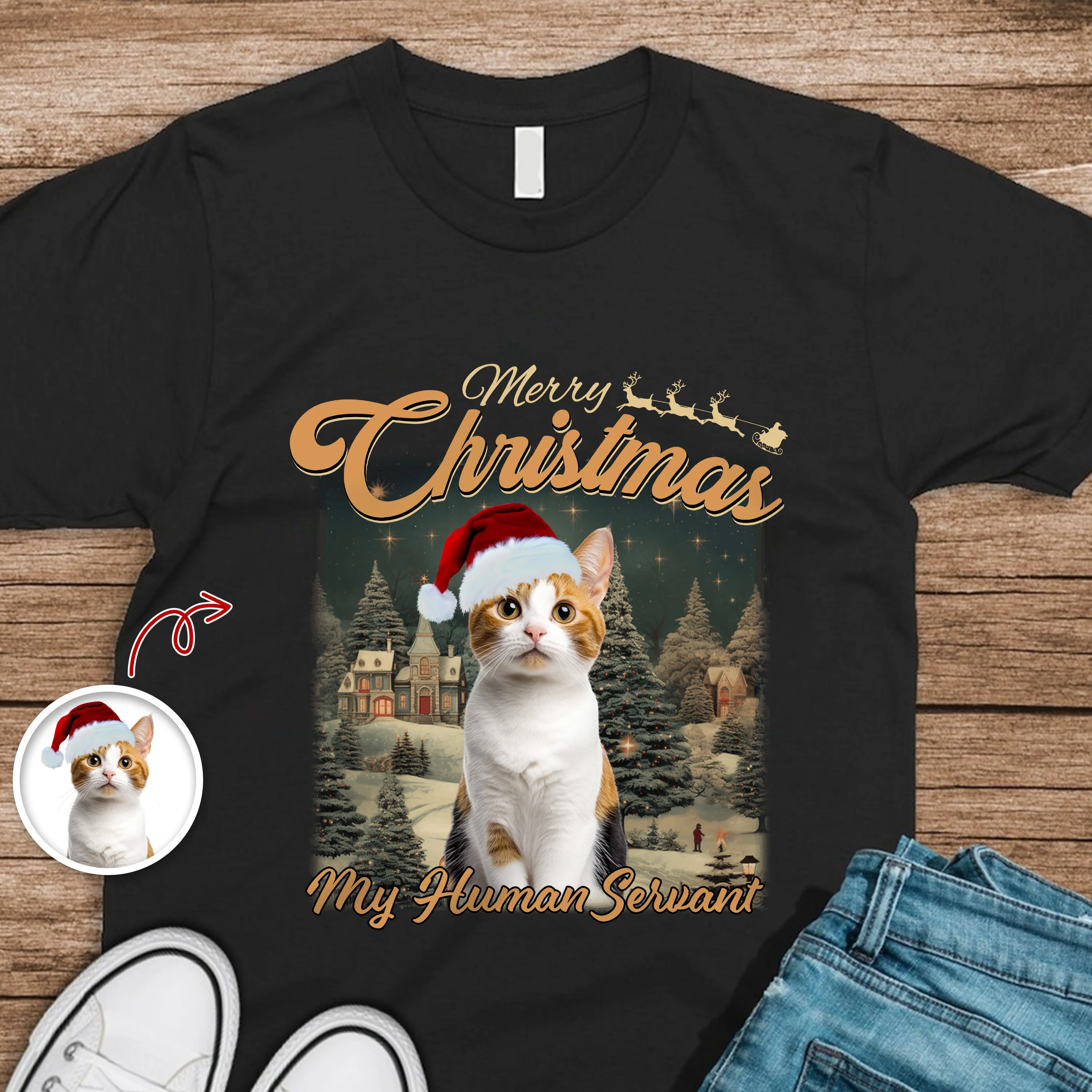 Merry Christmas My Human Servant Custom Funny Cat Photo Shirt CH07 896290 - Image 2