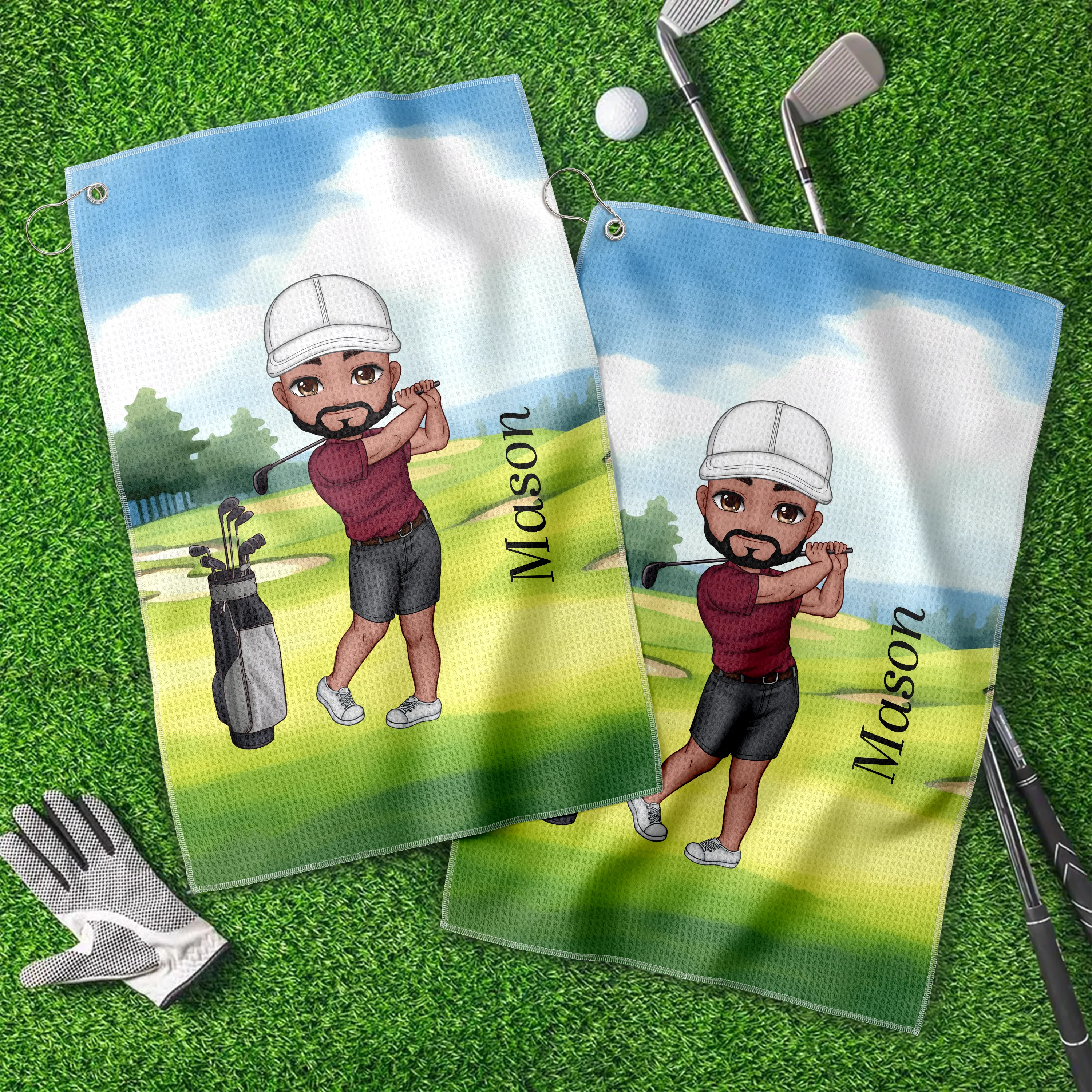 Personalised Soft Quick Dry Cartoon Character Golf Waffle Towel with Carabiner Golf Accessories Birthday Gift for Golf Player HO82 900916 - Image 2