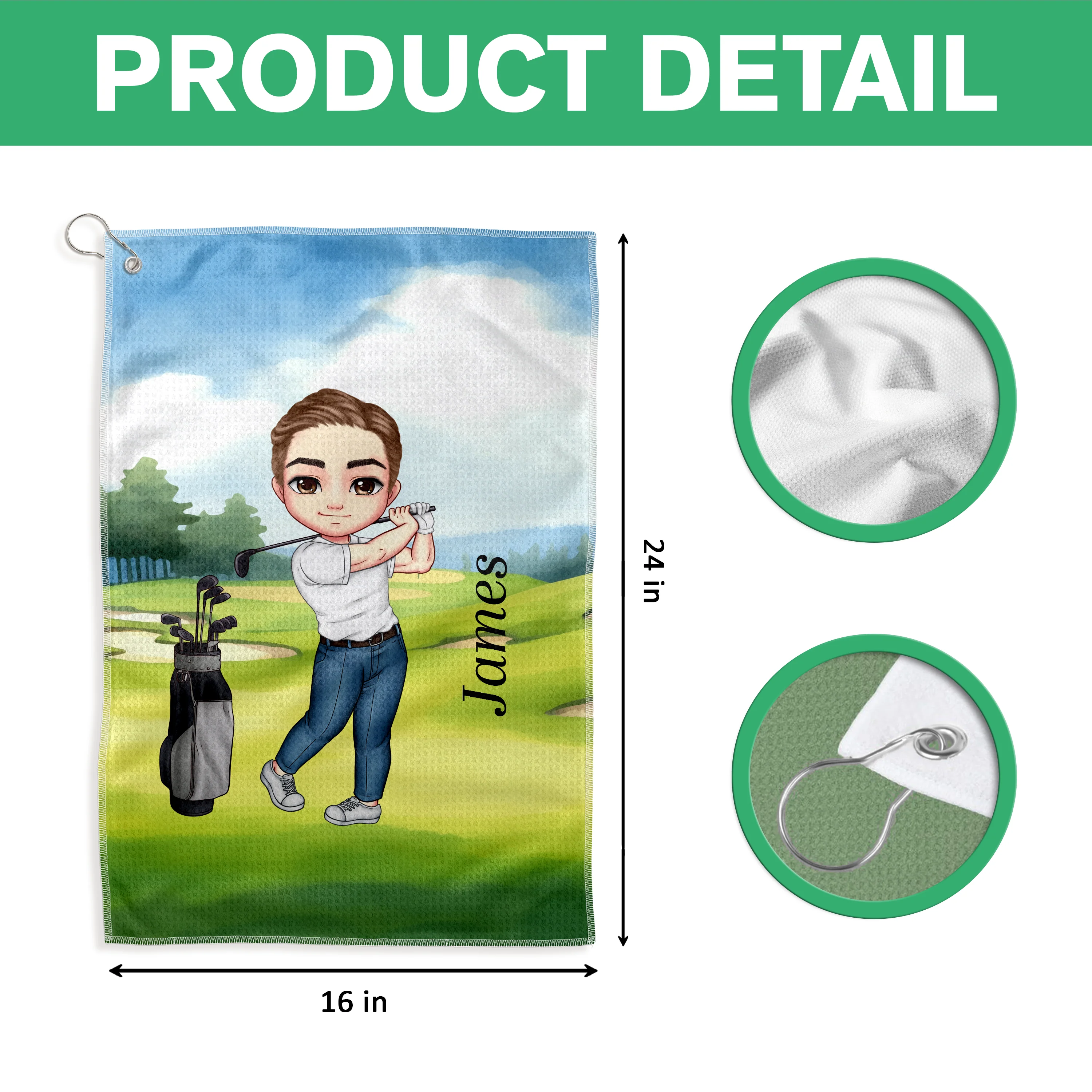 Personalised Soft Quick Dry Cartoon Character Golf Waffle Towel with Carabiner Golf Accessories Birthday Gift for Golf Player HO82 900916 - Image 7