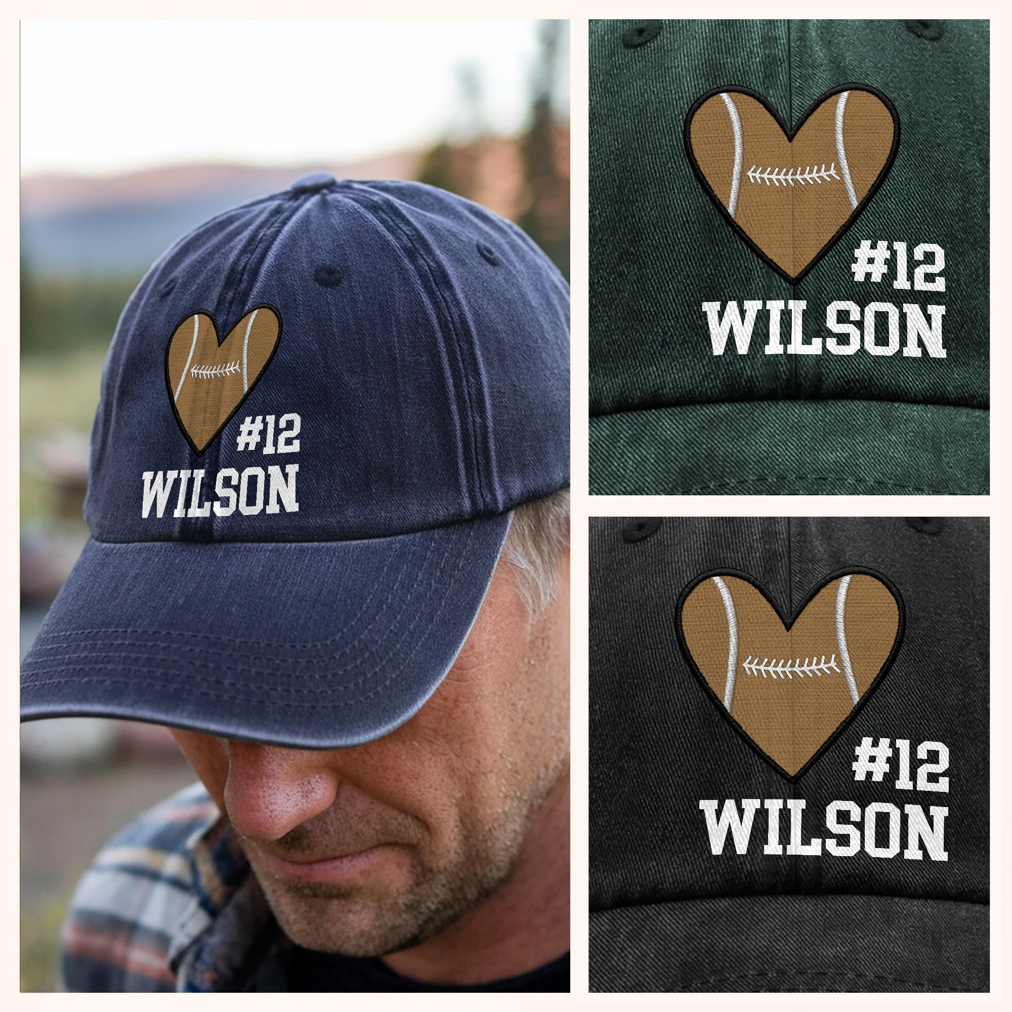 Personalized Baseball Softball Basketball Heart Sports Washed Denim Baseball Cap HA75 897684 - Image 3