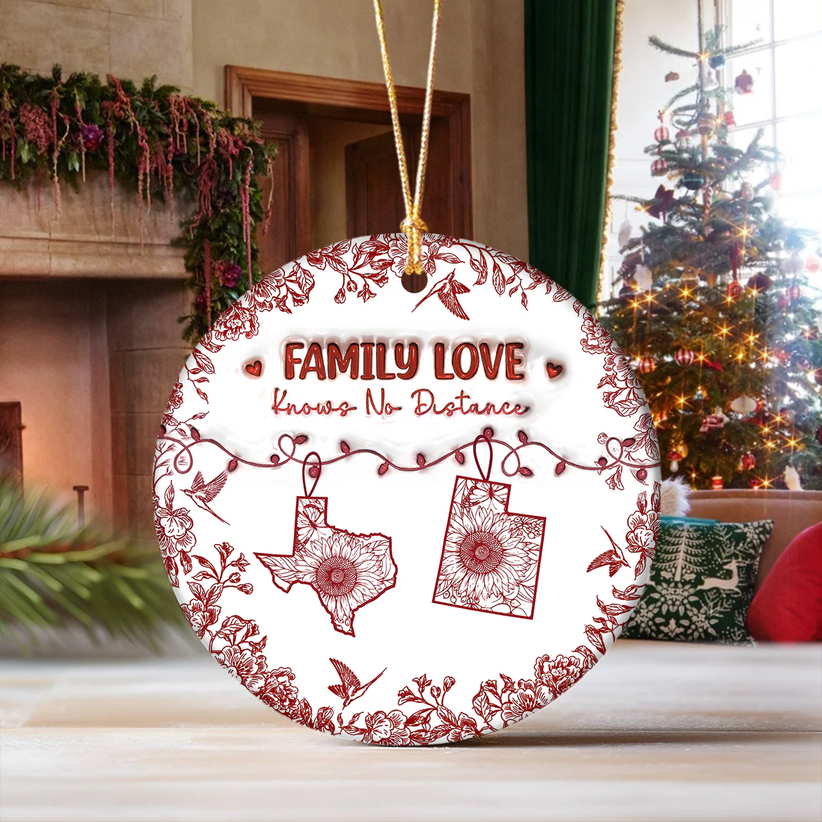 Personalized Family Love Knows No Distance Toile De Jouy Style Ceramic Ornament HO82 894834 - Image 2