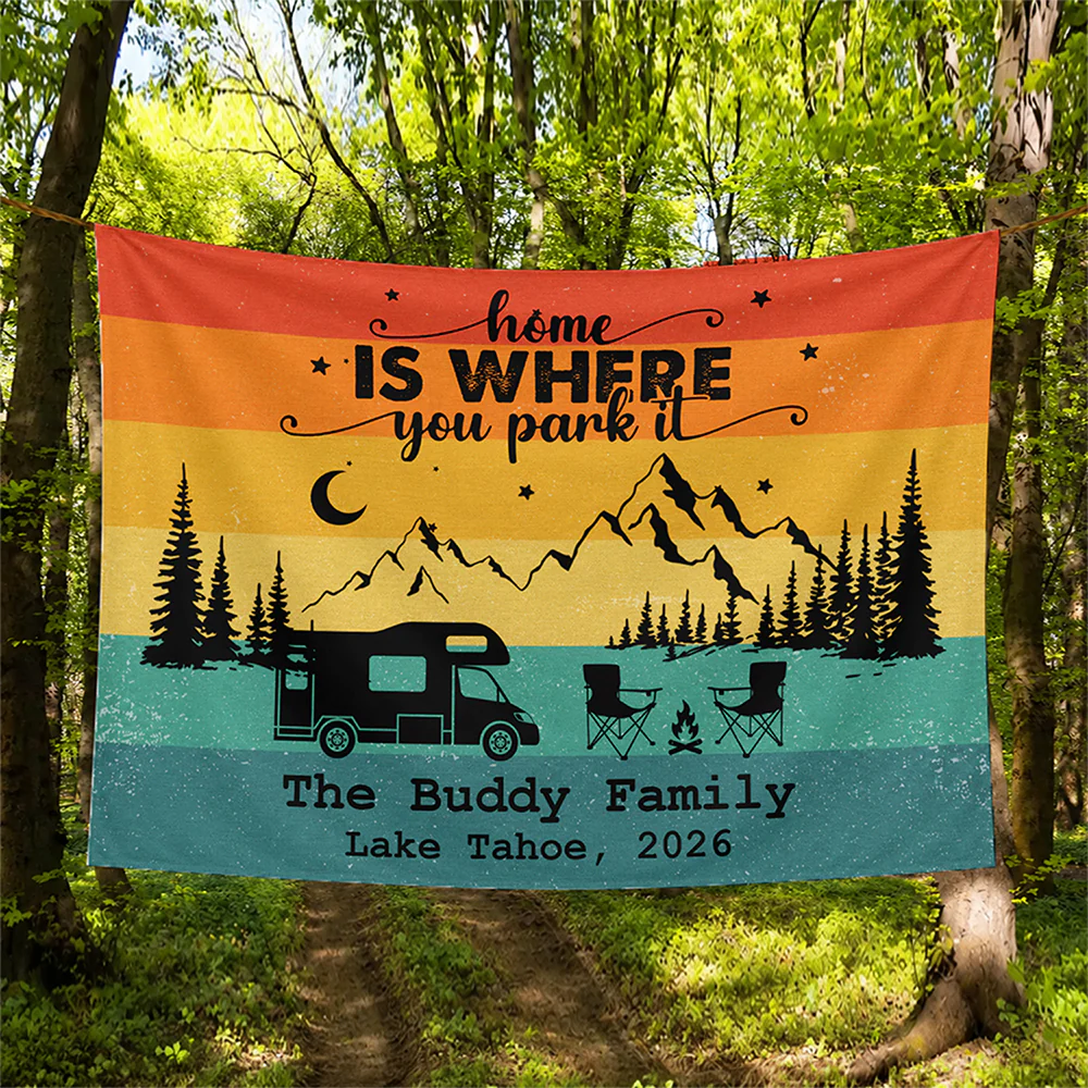 Personalized Retro Sunset Welcome To Our Campsite Camping Tapestry HO82 903078 - Image 3