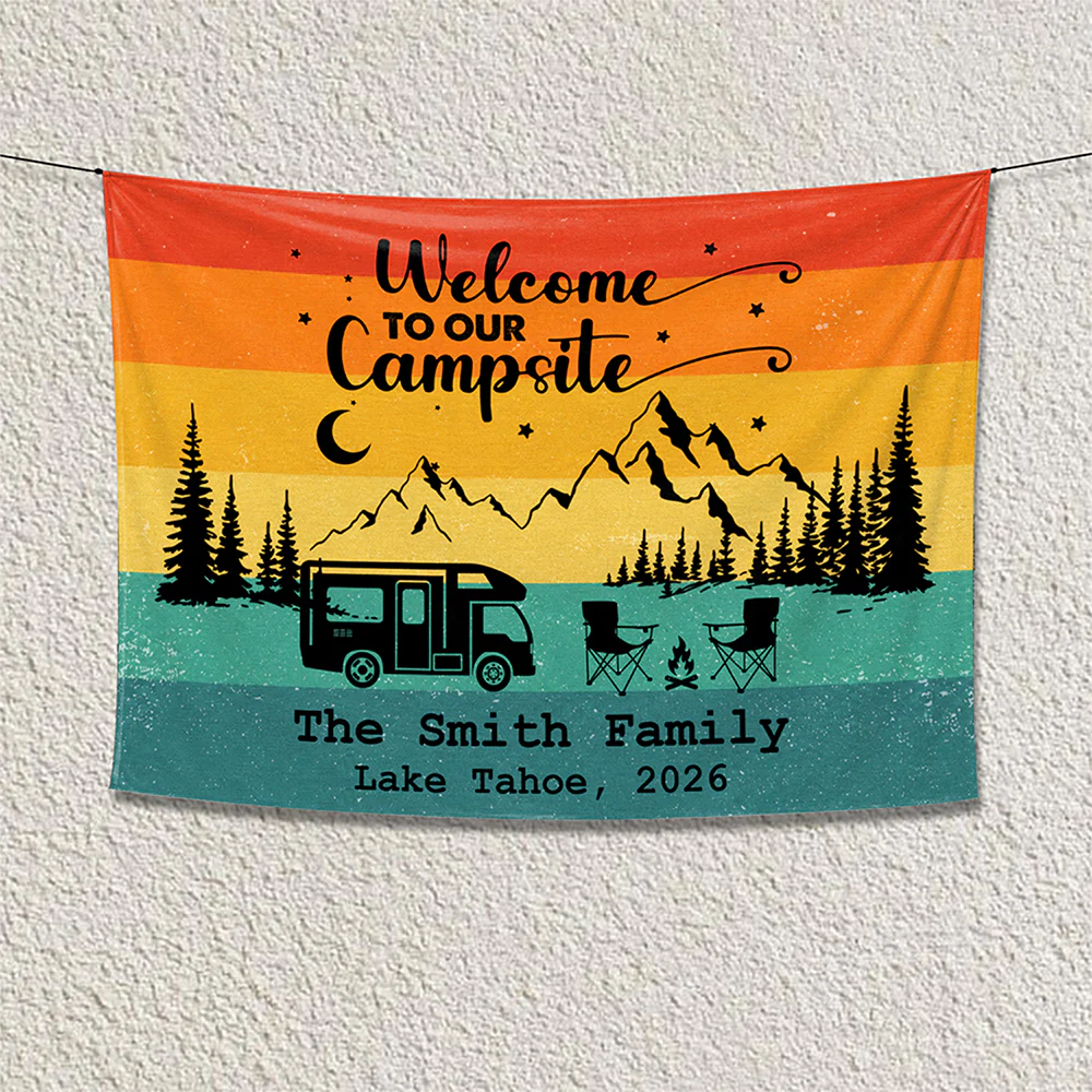 Personalized Retro Sunset Welcome To Our Campsite Camping Tapestry HO82 903078 - Image 4
