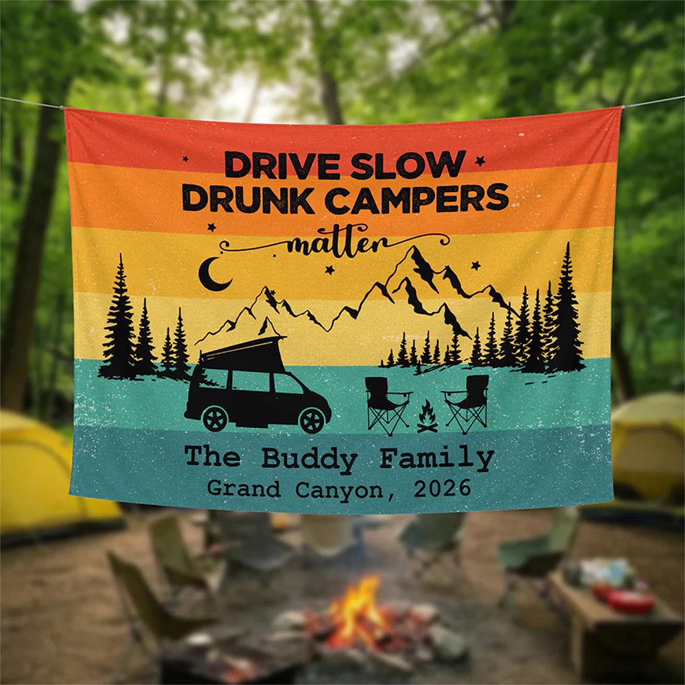 Personalized Retro Sunset Welcome To Our Campsite Camping Tapestry HO82 903078 - Image 5