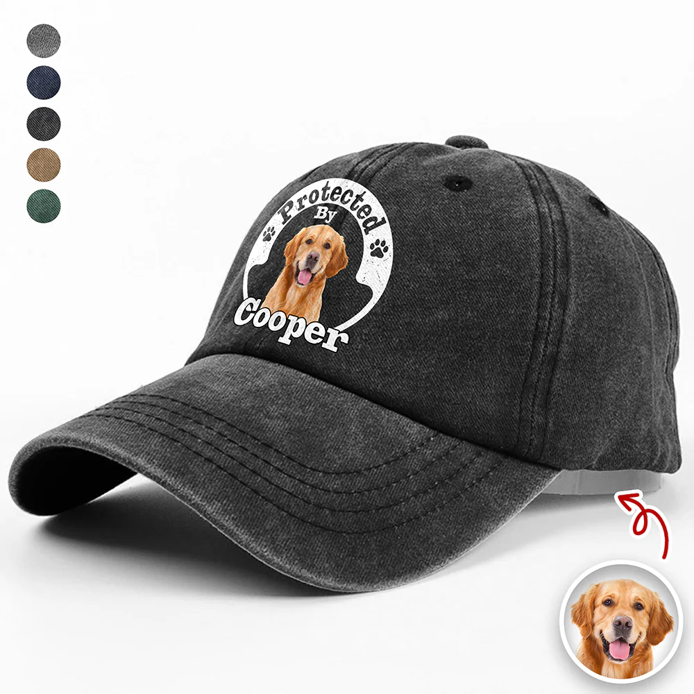 Protected By Human Dog Photo Ver 2 - Personalized Washed Denim Baseball Cap LM32 893953 - Image 2