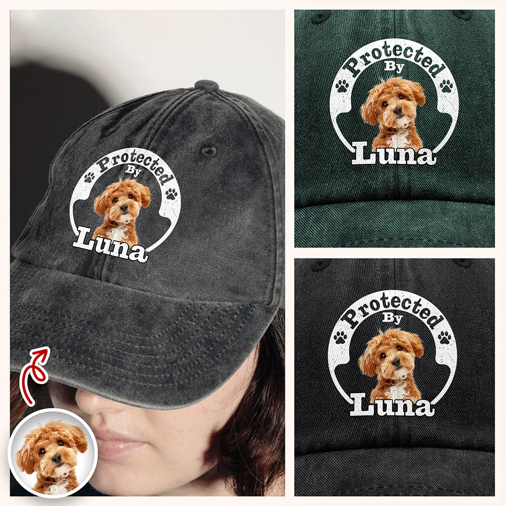 Protected By Human Dog Photo Ver 2 - Personalized Washed Denim Baseball Cap LM32 893953 - Image 3