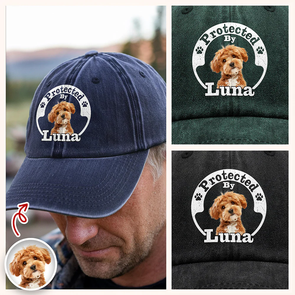 Protected By Human Dog Photo Ver 2 - Personalized Washed Denim Baseball Cap LM32 893953 - Image 4