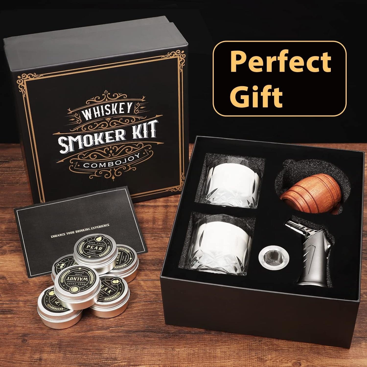 Whiskey Smoker Kit with Torch - 6 Flavors Wood Chips, 2 Glasses, 2 Ice Ball Molds - Cocktail Smoker Infuser Kit, Old Fashioned Drink Smoker Kit, Birthday Bourbon Whiskey Gifts for Men,Dad(No Butane) - Image 6