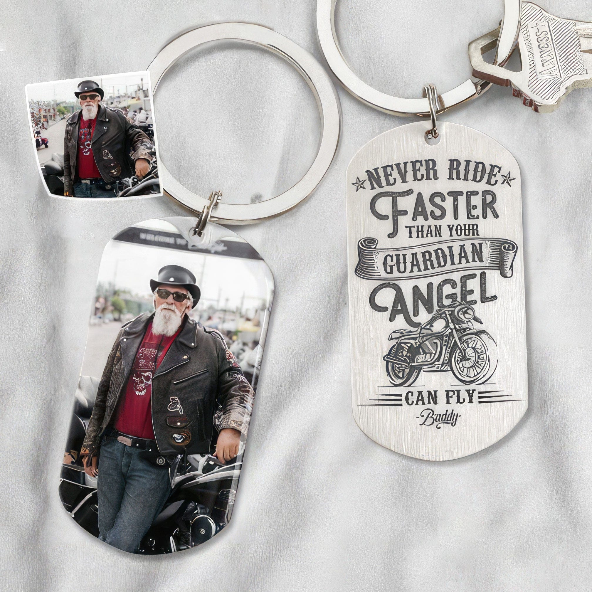 Never Ride Faster Than Your Guardian Angel Can Fly Biker Metal Keychain HN590 - Image 3