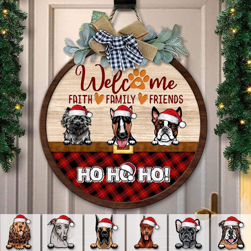 Welcome Faith Family Friends Dog Wooden Door Sign With Wreath Ho Ho Ho HN590