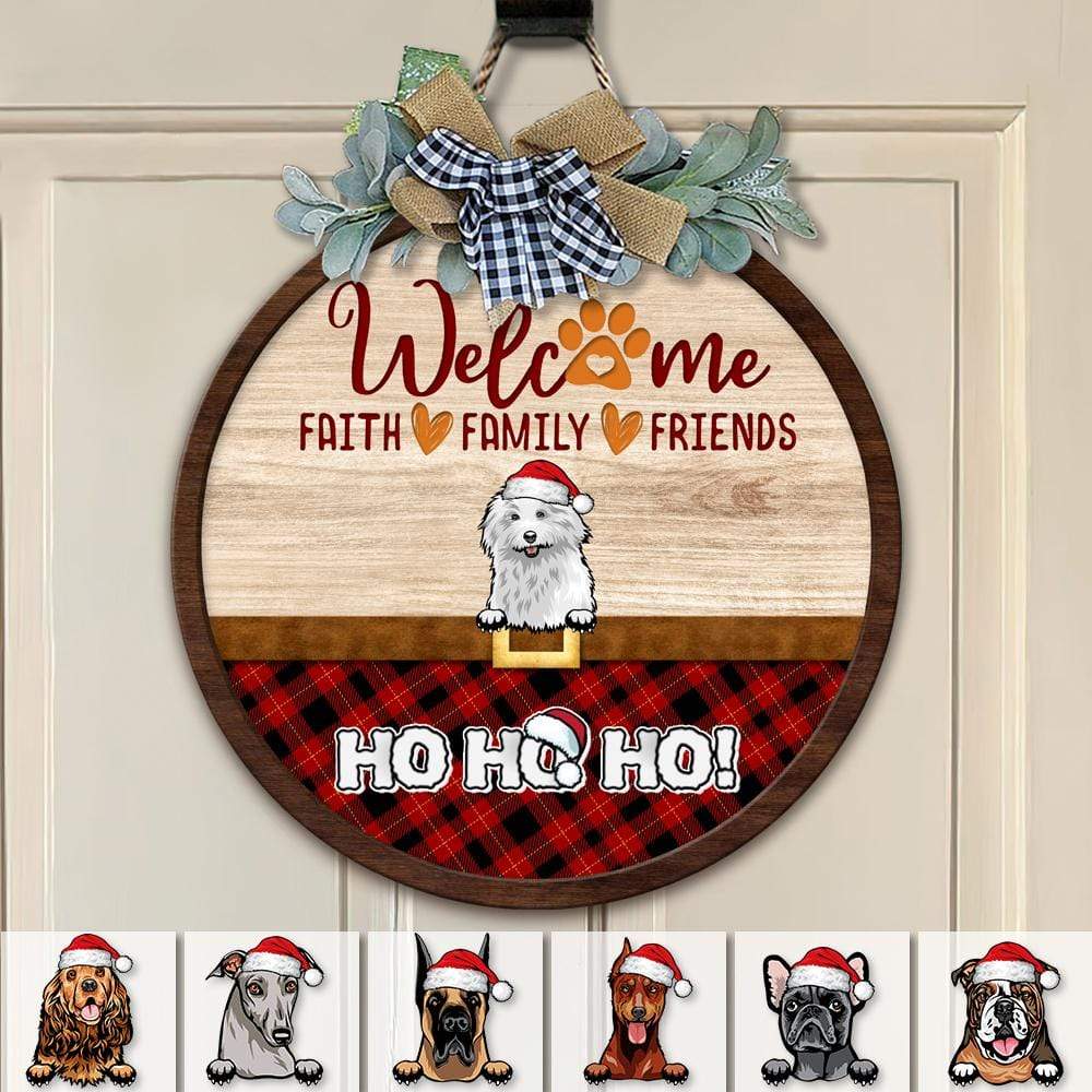 Welcome Faith Family Friends Dog Wooden Door Sign With Wreath Ho Ho Ho HN590 - Image 2