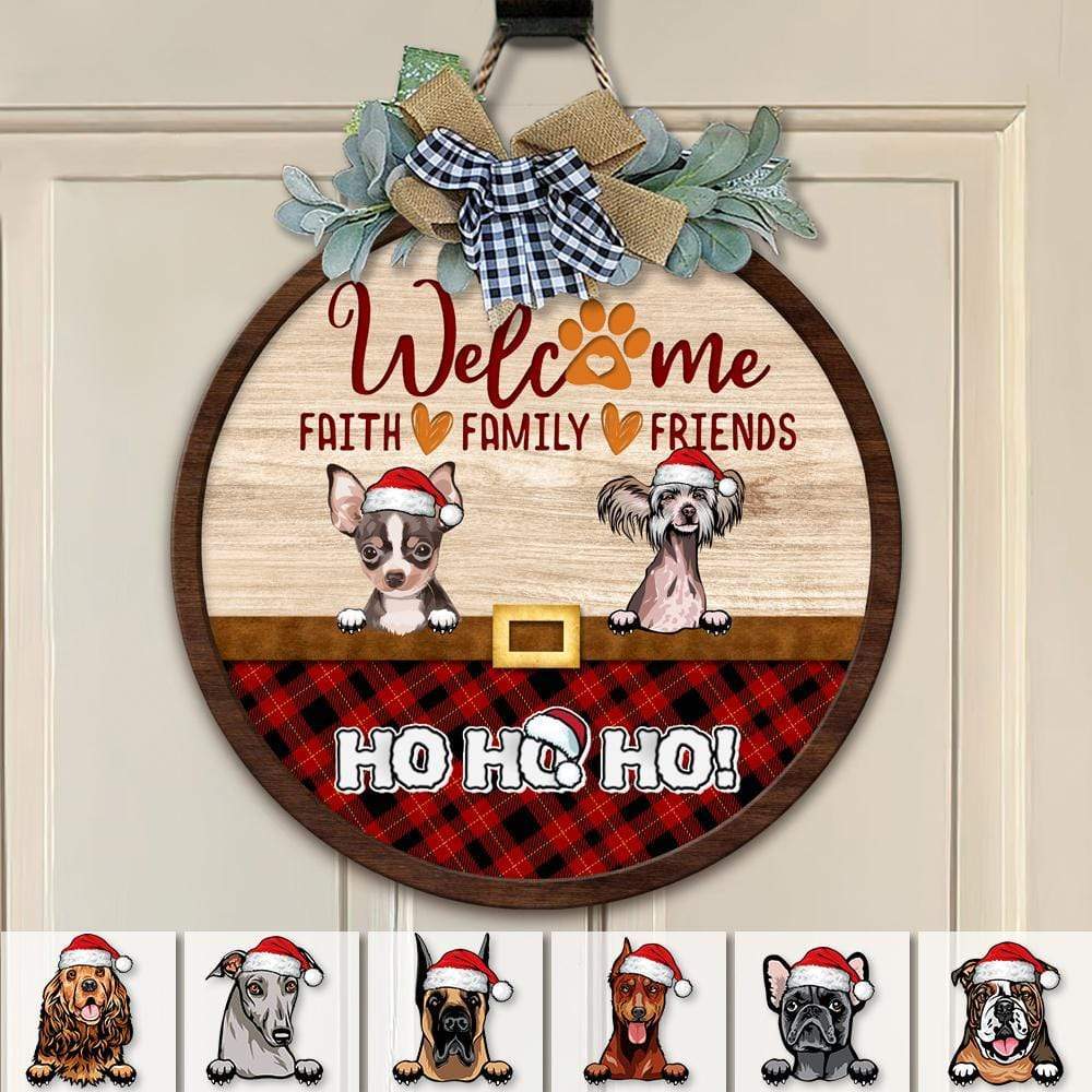 Welcome Faith Family Friends Dog Wooden Door Sign With Wreath Ho Ho Ho HN590 - Image 3