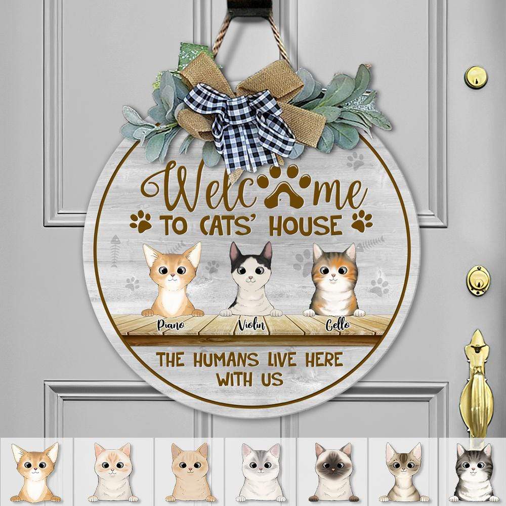 Welcome The Humans Live Here Cat Wooden Door Sign With Wreath, HN590 - Image 2