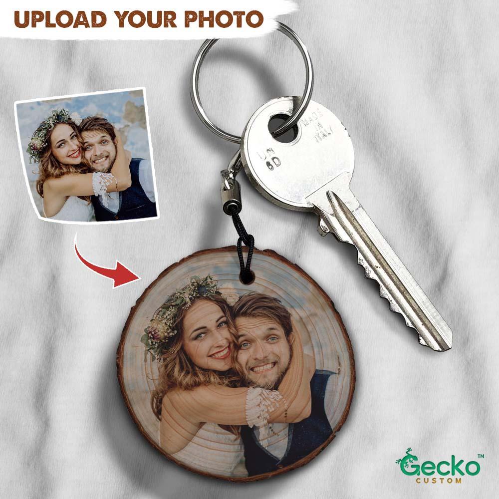 Wood Slice Photo Keyring Double Sided, Valentine Gift HN590
