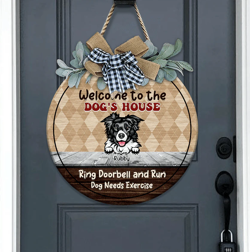 Welcome Ring Doorbell & Run Dog Wooden Door Sign With Wreath, HN590 - Image 2