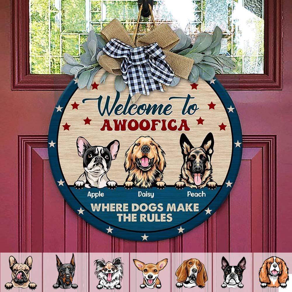 Welcome To Awoofica Dog Wooden Door Sign With Wreath, HN590