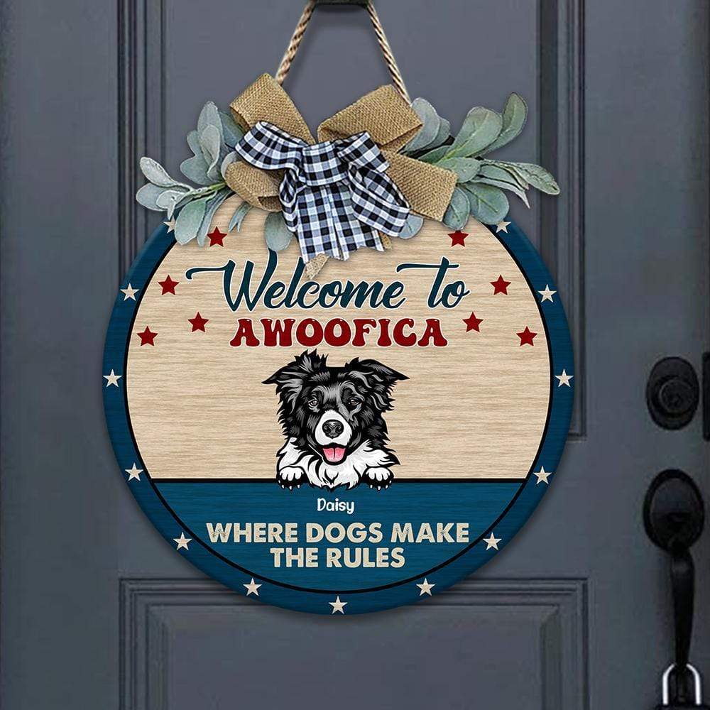 Welcome To Awoofica Dog Wooden Door Sign With Wreath, HN590 - Image 2